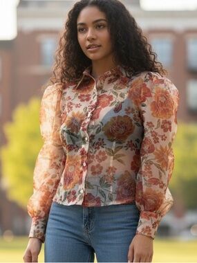 Sheer Floral Button-Front Blouse - Peach Floral